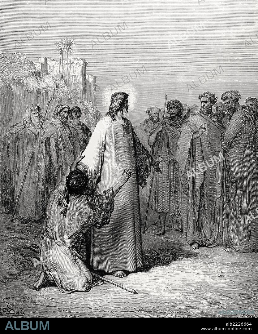 PAUL GUSTAVE DORÉ. New Testament. Jesus heals a demon-possessed dumb. Gospel of Matthew, Chapter IX, Verses 32-38. Drawing by Gustave Dore. Engraving by Piaud. 19th century.