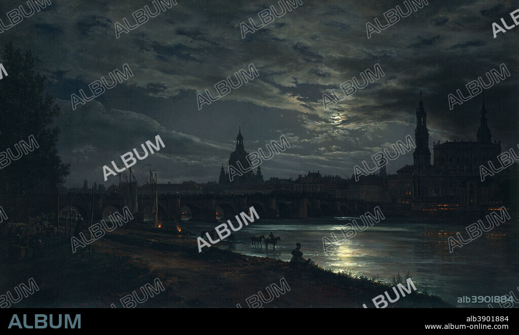 JOHAN CHRISTIAN DAHL. View of Dresden by Moonlight. Date/Period: 1839. Painting. Oil on canvas. Height: 78 cm (30.7 in); Width: 130 cm (51.1 in).