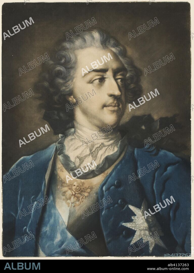 Portrait of Louis XV. Jacob Christoph Le Blon (German, 1667-1741); after Nicolas Blakey (Irish, died 1758). Date: 1739. Dimensions: 618 x 460 mm. Mezzotint with etching, in black, brown, blue, and white, with traces of red ink on ivory laid paper. Origin: Germany.