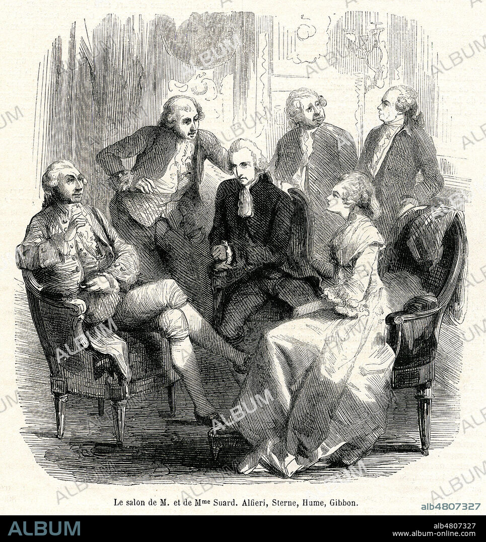 Le salon d'Amelie et de Jean-Baptiste SUARD (1732-1817): Vitorio ALFIERI (1649-1803), Laurent STERNE (1713-1768), David HUME (1711-1776), Edward GIBBON (1737-1794). Illustration anonyme pour le Musee des Familles de mars 1851. Credit : Collection Grob/Kharbine-Tapabor.