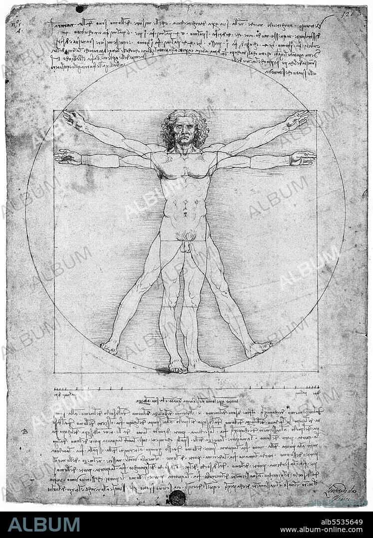 Leonardo di ser Piero da Vinci (15 April 1452 – 2 May 1519) was an Italian polymath, painter, sculptor, architect, musician, mathematician, engineer, inventor, anatomist, geologist, cartographer, botanist, and writer. He is widely considered to be one of the greatest painters of all time and perhaps the most diversely talented person ever to have lived. The Vitruvian Man is a drawing by Leonardo da Vinci around 1490. It is accompanied by notes based on the work of the architect Vitruvius. The drawing, which is in pen and ink on paper, depicts a man in two superimposed positions with his arms and legs apart and inscribed in a circle and square. The drawing and text are sometimes called the Canon of Proportions or, less often, Proportions of Man. The drawing is based on the correlations of ideal human proportions with geometry described by the ancient Roman architect Vitruvius in Book III of his treatise De Architectura. Vitruvius described the human figure as being the principal source of proportion among the Classical orders of architecture. Vitruvius determined that the ideal body should be eight heads high. Leonardo's drawing is traditionally named in honor of the architect.