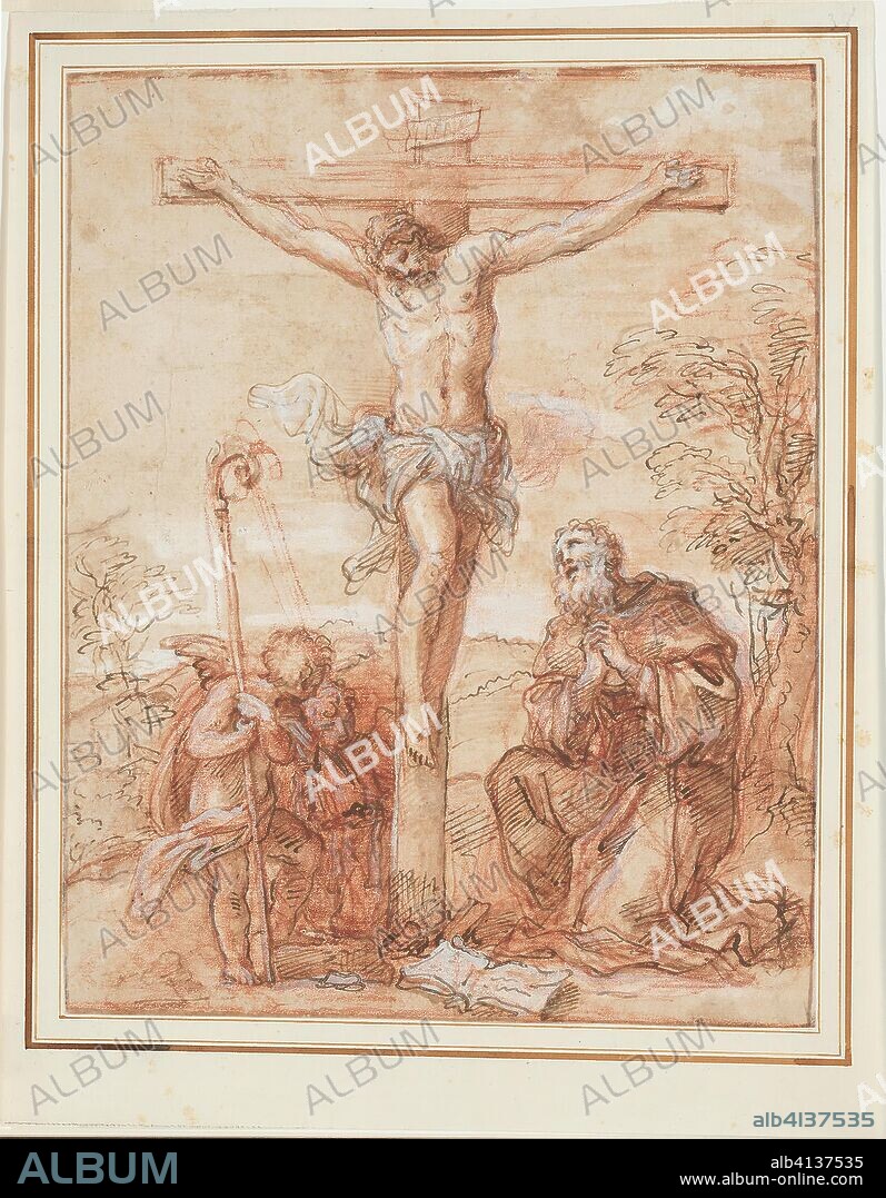 Saint Augustine and Two Angels Adoring the Crucifix. Giuseppe Passeri; Italian, 1654-1714. Date: 1685-1695. Dimensions: 327 x 256 mm (primary support); 385 x 299 mm (secondary support). Pen and brown ink, heightened with lead white, over red chalk on cream laid paper, laid down on cream laid paper. Origin: Italy.