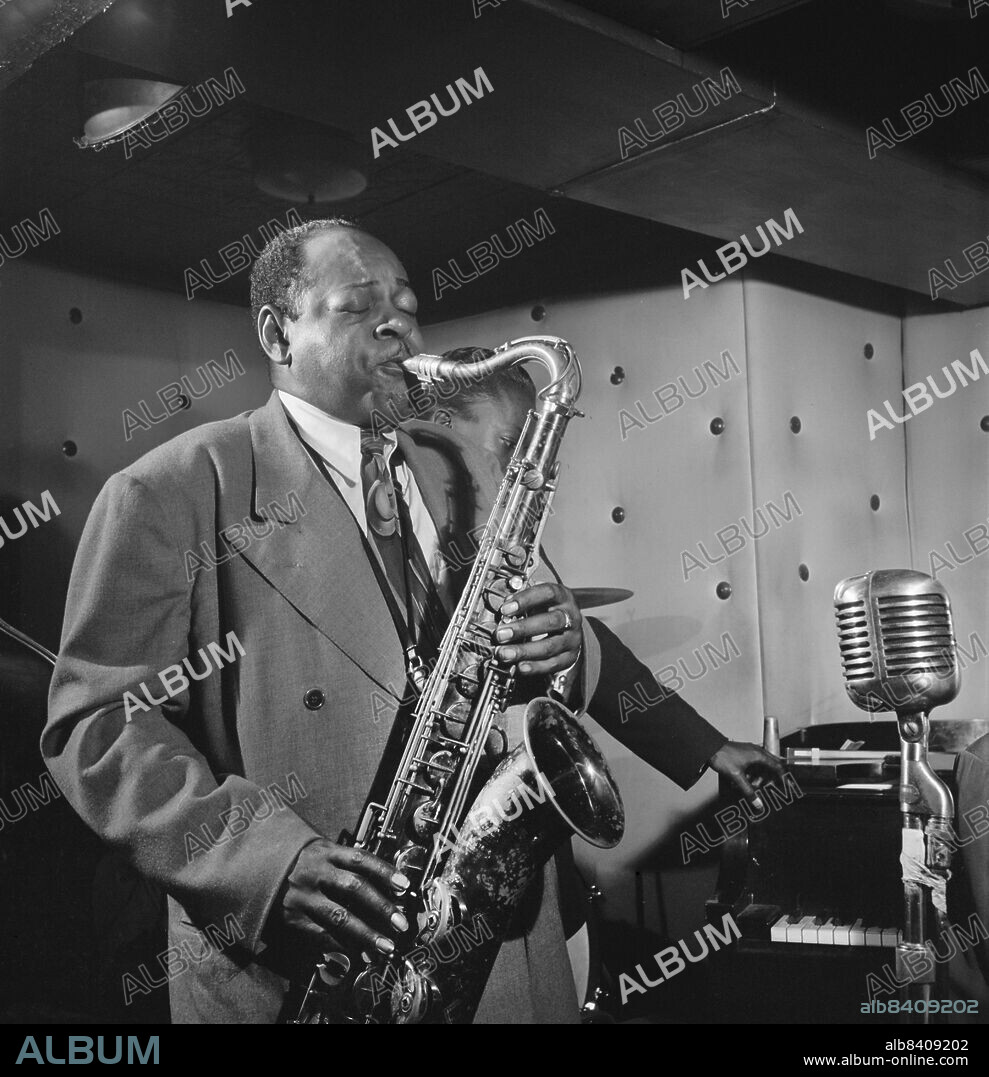 Jazz Saxophonist Coleman Hawkins and Miles Davis performing at Three Deuces Jazz Club, New York City, New York, USA, William P. Gottlieb, July 1947.