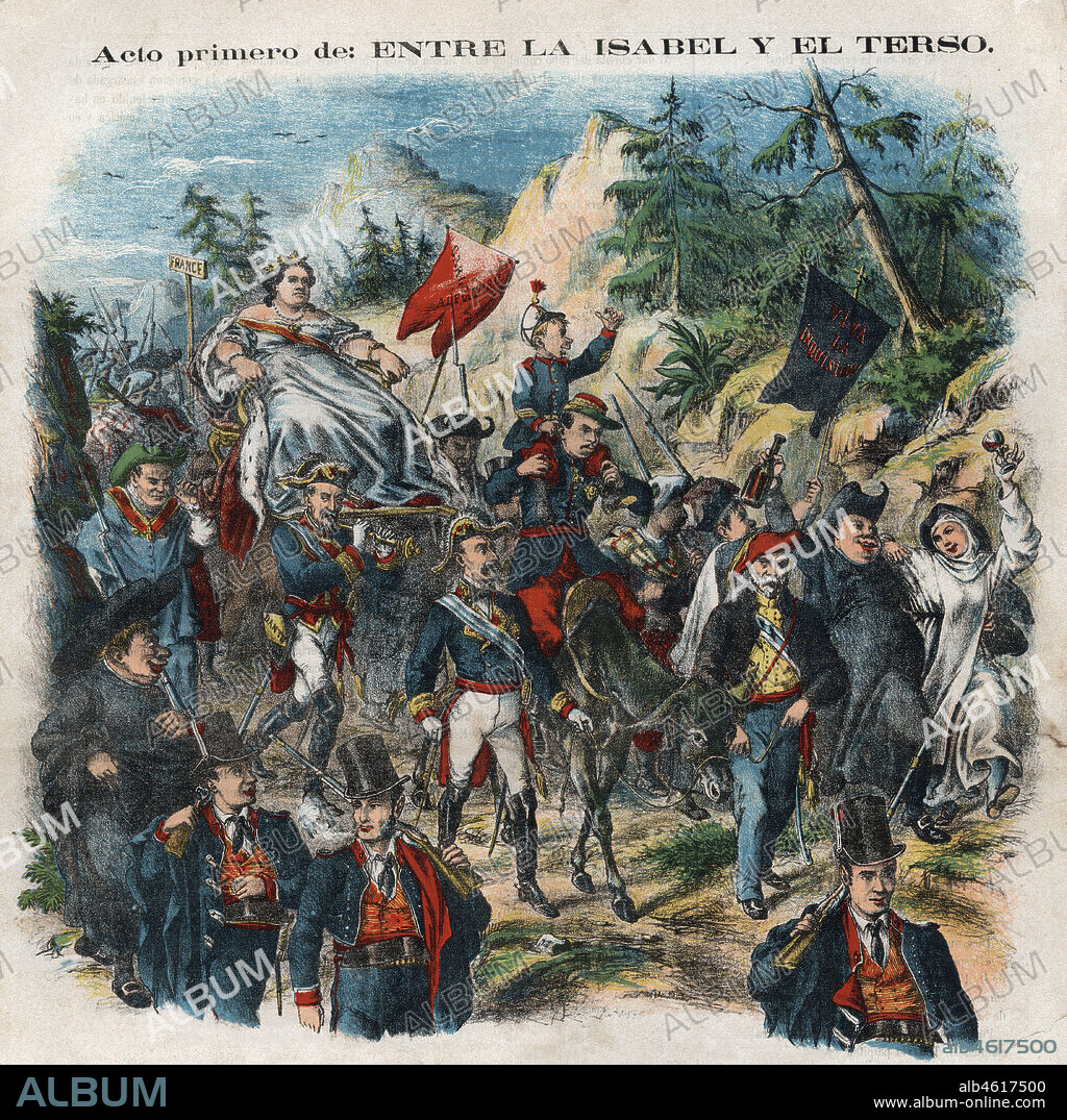 La Flaca. Dibujo satírico. Entre la Isabel y el Terso. La revolución de 1868, la Gloriosa, tuvo como consecuencia el exilio de Isabel II con destino a París, acompañada por sus incondicionales. Abril de 1869.
