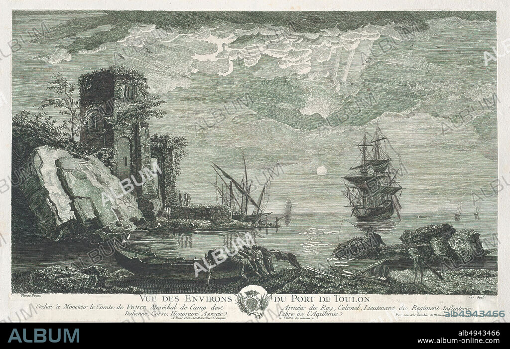 After Joseph Vernet, View of the Surroundings of the Port of Toulon, After Joseph Vernet (French, Avignon 17141789 Paris), Giavaranni (active 18th century), ca. 17501800, Engraving, Sheet (Trimmed): 11 1/4 × 17 5/8 in. (28.6 × 44.7 cm), Prints.