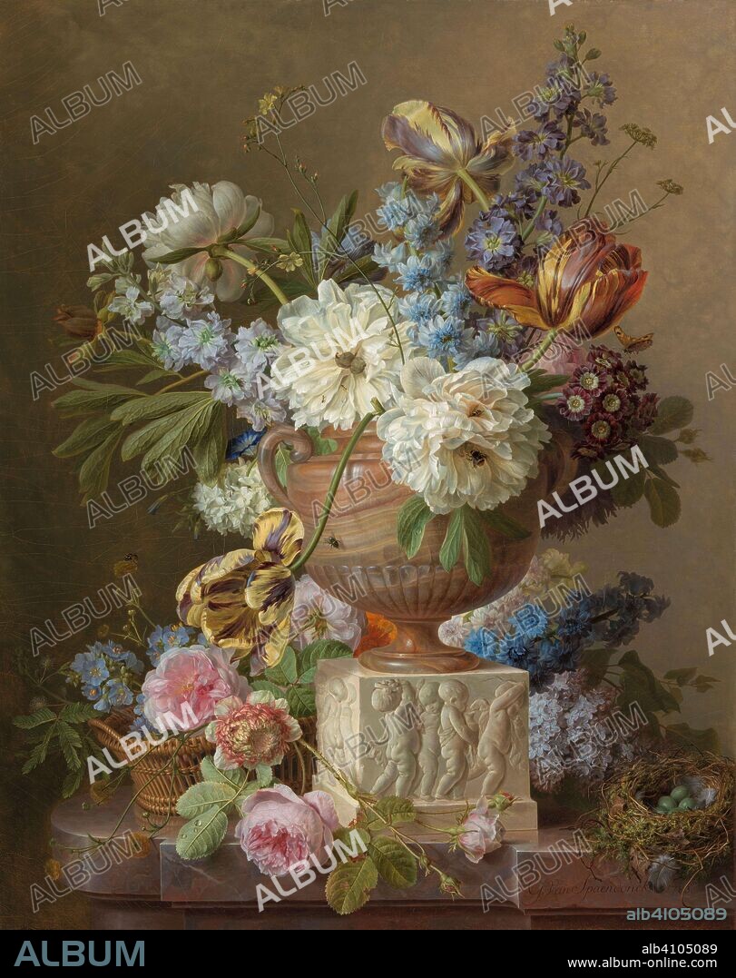 GERARD VAN SPAENDONCK (SIGNED BY ARTIST). Flower Still-life with an Alabaster Vase. Dating: 1783. Place: Paris. Measurements: h 80.5 cm × w 64 cm.