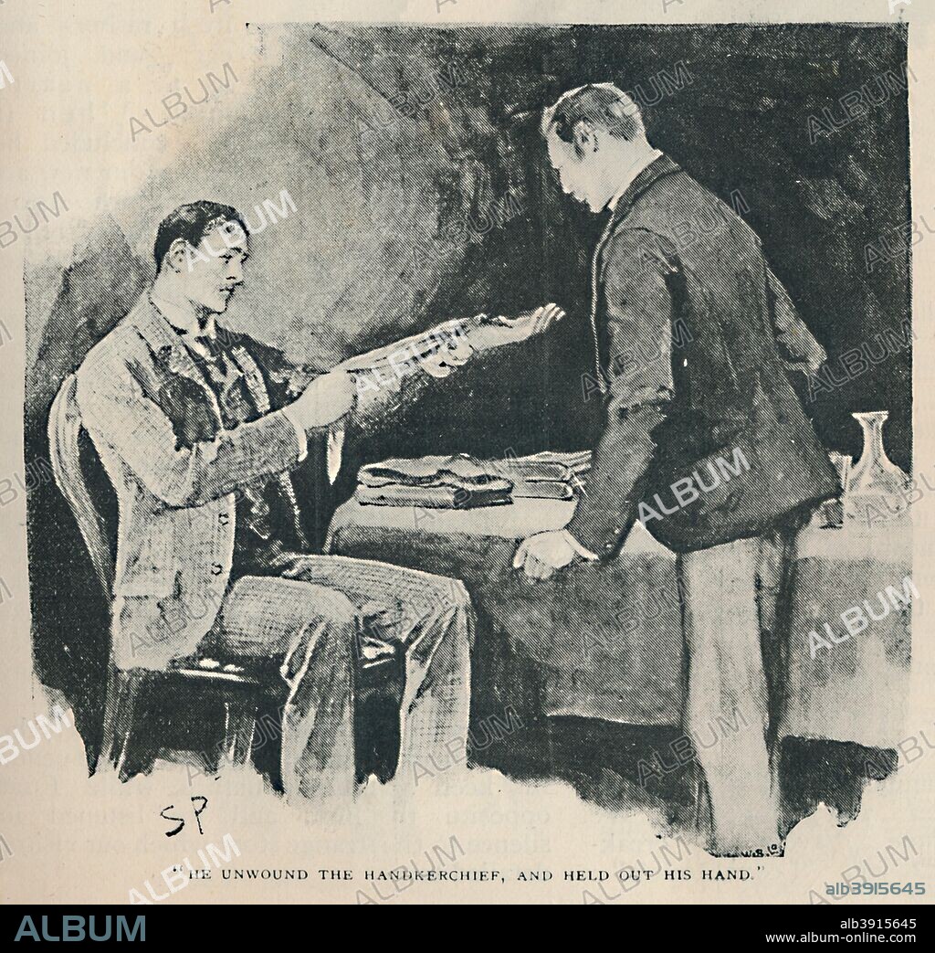 'He Unwound The Handkerchief, And Held Out His Hand', 1892. Illustration from 'The Adventure of the Engineer's Thumb' by Arthur Conan Doyle. From The Strand Magazine: An Illustrated Monthly - Vol. III. January to June, edited by George Newnes. [George Newnes, London, 1892].