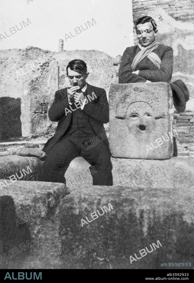 JEAN COCTEAU. Picasso and Léonide Massine in front of a fountain and in the garden of the Casa di Marco Lucrezio in Pompeii.