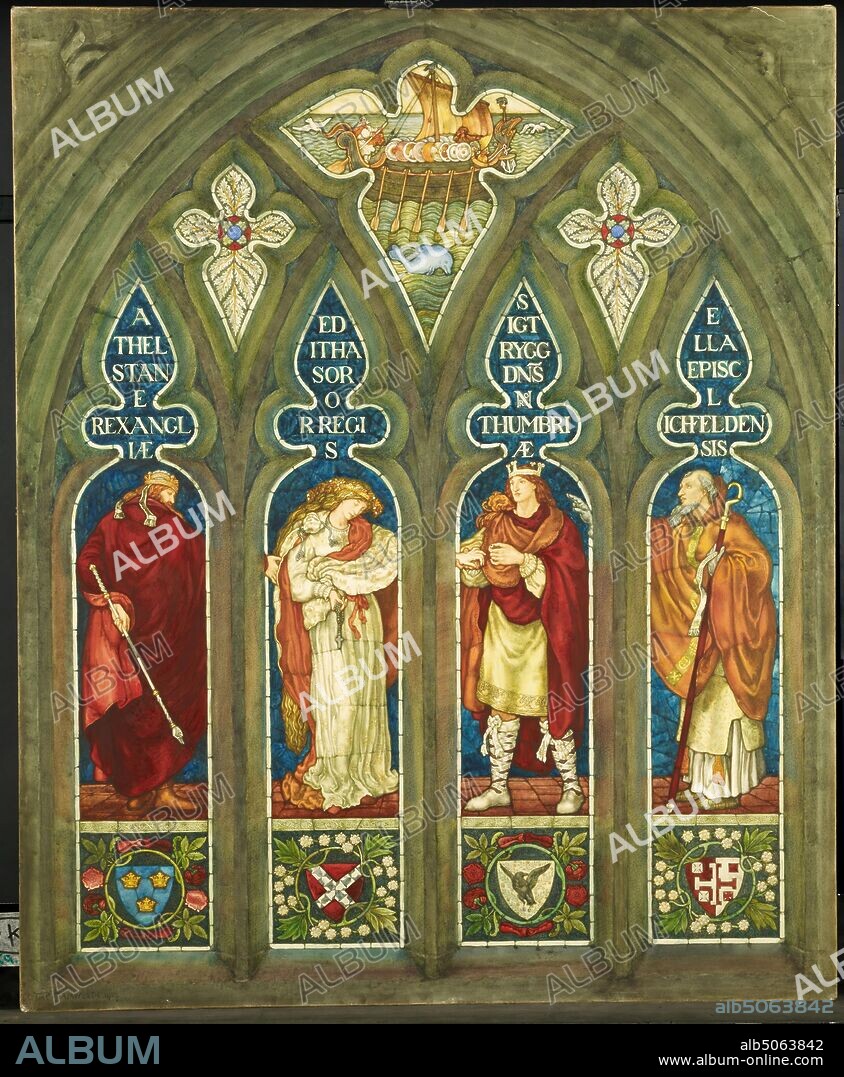 The Marriage of Editha with Sigtrygg, King of Northumbria, 1909 After a design by Ford Madox Brown Artist: Thomas Matthews Rooke, This watercolour is a copy of the first window of the south side of the Chancel Clerestory, St Edith's, Tamworth, Staffordshire depicting Athelstan, King of the West Saxons giving away his sister, St Editha, to Sigtrig, King of Northumbria, who places a ring on her finger as Aella, Bishop of Lichfield looks on. The Whitworth Art Gallery, Manchester, holds the original cartoons for this window which date from 1873. Thomas Rooke worked as Burne-Jones's studio assistant from 1869 until the latter's death in 1898., Art Movement, Pre-Raphaelite, Boat, Arts and Crafts, 20th Century, Watercolour, Stained Glass, Frame, Royal, King, Works on Paper, Animal, Dolphin.