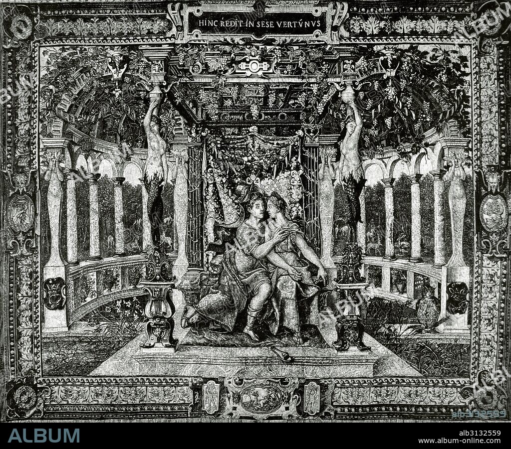 MITOLOGIA ROMANA. Vertumno, divinidad romana de origen etrusco, personifica el cambio de la vegetación durante el transcurso de las estaciones. "Amores de Vertumno y Pomona". Su amada también protectora de la vegetación. Grabado de Perrichón, extraído de un fragmento de una tapicería del siglo XVI de la Escuela Flamenca. La Ilustración Española y Americana, 1877.