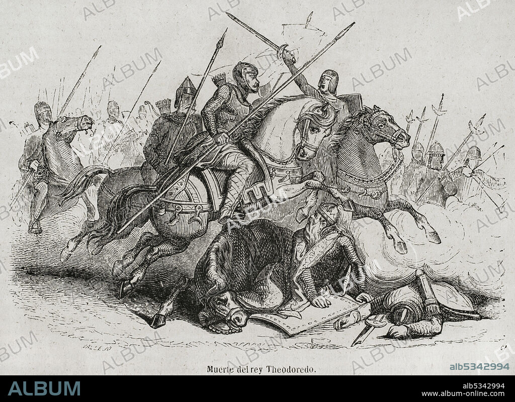 VALLEJO,19TH CENTURY SPANISH ARTIST. Teodorico I o Teodoredo (m. 451). Rey visigodo. Muerte del rey Teodorico I en la batalla de los Campos Cataláunicos el 20 de junio de 451, entre la coalición romana (general Flavio Aecio) y el rey visigodo Teodorico I contra los Hunos (liderados por Atila). Grabado por Vallejo. Historia General de España por el padre Mariana. Madrid, 1852.
