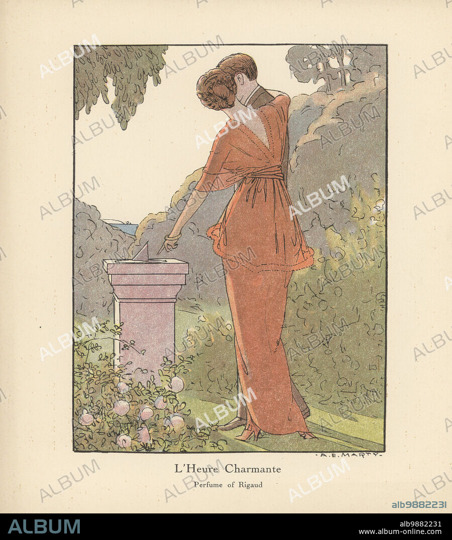 ANDRE EDOUARD MARTY. Promotional art for L'Heure Charmante, a Perfume of Rigaud. Two lovers in a garden point to a sundial. The perfume was launched in 1914 but discontinued. Colour-printed illustration by Andre-Edouard Marty from Andre de Fouquieres The Perfumes of Rigaud, Letters of a Parisian and and American Girl, L'art des parfums, Lettres d'un Parisien et d'une Américaine, Maison Rigaud, Parfumeur, Paris, 1915.