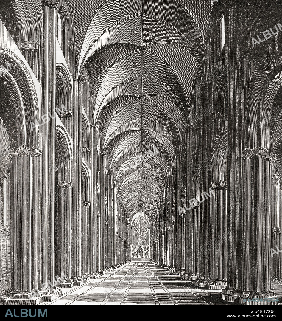 Interior of Old St. Paul's Cathedral showing the central nave, 'Paul's walk'.  In Elizabethan and early Stuart London people would walk up and down the nave in search of the latest news and gossip.  From London Pictures, published 1890.