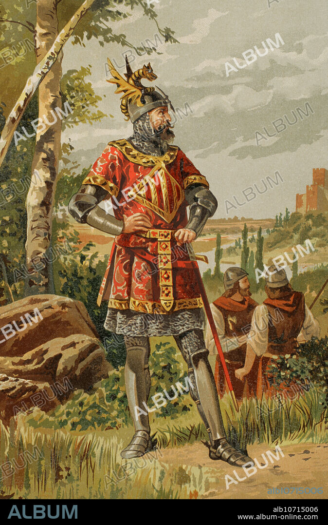 Roger de Flor (h. 1267-1305). Caudillo mercenario que estuvo al servicio de la Corona de Aragón. Cromolitografía. "Glorias Españolas". Tomo II. Publicada en Barcelona, 1890.