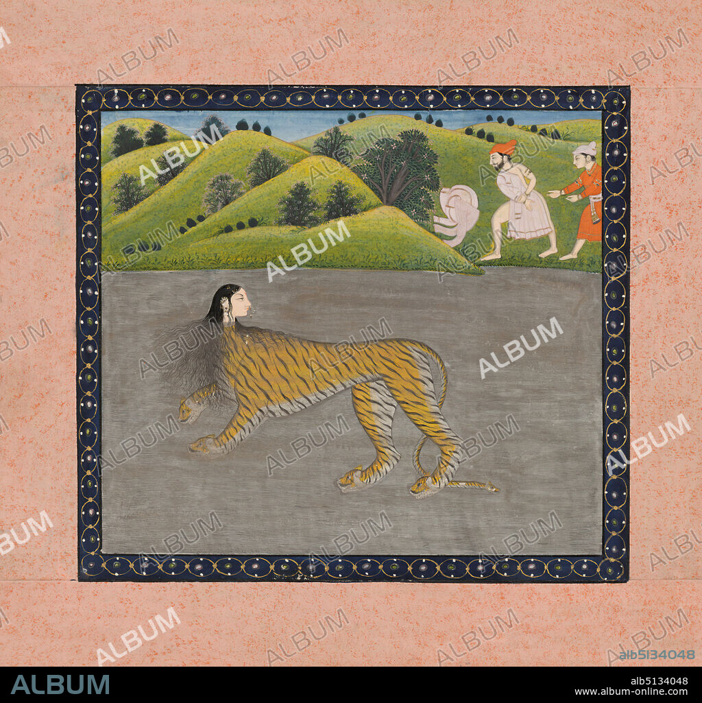 Tiger Woman, 19th century, Opaque watercolor on paper, image: 9 1/2 × 10 1/8 in. (24.1 × 25.7 cm), The woman in this painting, who shed her sari on the riverbank while being pursued by two men, has submerged her tiger body in the river. Her human head remains above the water, and her unbound hair wafts along the currents. Woman-tiger hybrids have a long history in Indian visual and literary culture; at least one such figure was recorded on seals produced during the Indus Valley Civilization in the first millennium B.C.E. This powerful being, with her feline-headed paws, likely illustrates an as-yet-unidentified tale from classic literature. , India, Indian, India, Mughal dynasty (15261857), Paintings.