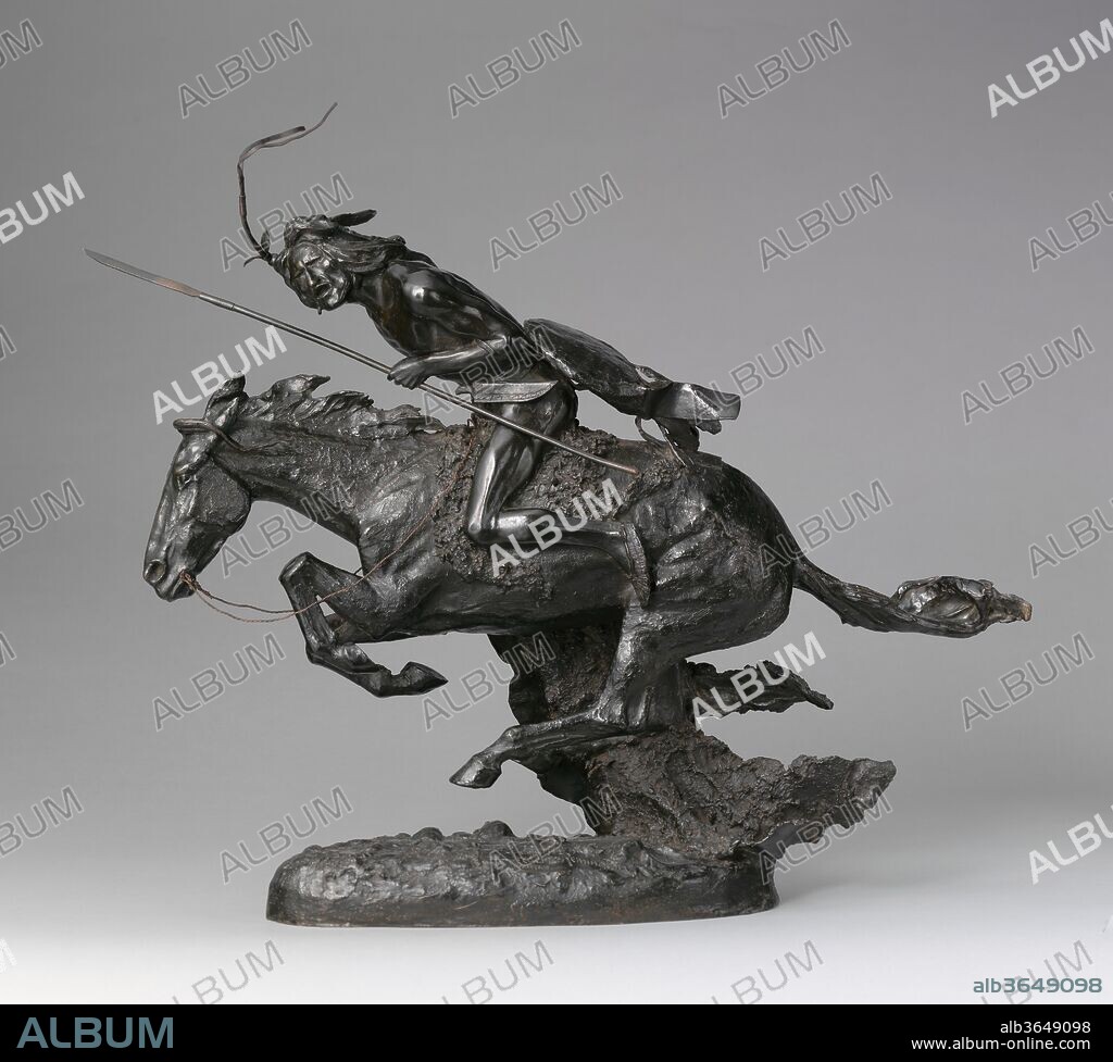 The Cheyenne. Artist: Frederic Remington (American, Canton, New York 1861-1909 Ridgefield, Connecticut). Dimensions: 20 1/4 x 25 x 8 in. (51.4 x 63.5 x 20.3 cm). Date: 1901, cast by March 1907.
In 1901 Remington modeled this Cheyenne Indian racing on horseback. The muscular rider, wearing only a loincloth and moccasins, leans forward, clutching a spear and a quirt. His mount is depicted at full gallop, or "burning the air," as Remington described it: ears back, tail flowing, and all four hooves off the ground. The buffalo robe that serves as a saddle trails off the airborne horse to its right and functions as the means of linking figures to the base.