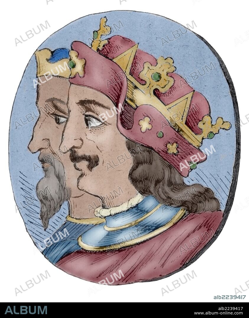 SANCHO III "el Deseado" (1133-1158). Rey de Castilla (115-1158). Hijo de Alfonso VII y de Berenguela. Murió prematuramente y dejó su reino a su hijo Alfonso VIII. Grabado coloreado.