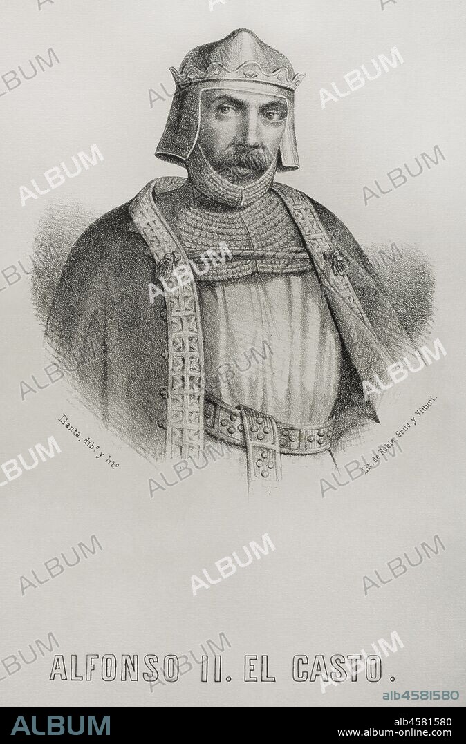 Alfonso II de Asturias (759-842), apodado el Casto. Rey de Asturias en dos periodos, en 783 y posteriormente entre 791 y 842. Hijo del rey asturiano Fruela I, llegó al trono tras la abidcación de Bermudo I en 791. Dibujo por Llanta. Litografía. Crónica General de España, Historia Ilustrada y Descriptiva de sus Provincias. Castilla-La Vieja,1870. Biblioteca Histórico Militar de Barcelona, Cataluña, España.