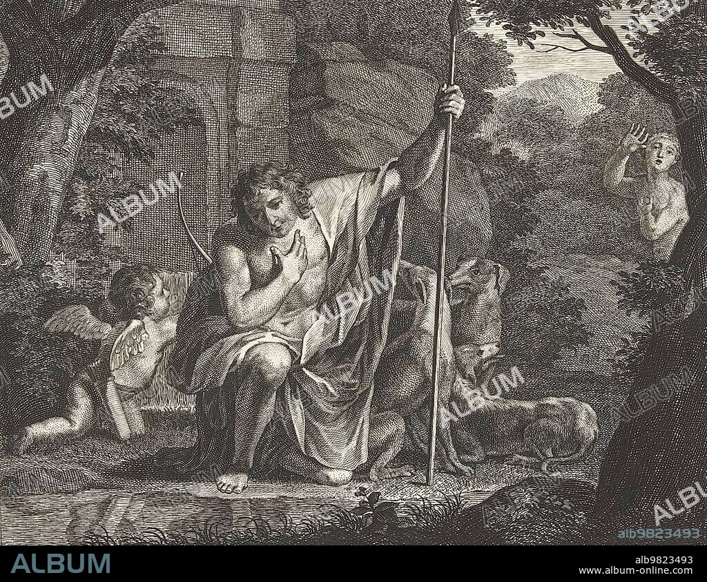 Narcissus contemplating his reflection in the water, in Greek mythology a beautiful youth who rejected the love of others and fell in love with his own reflection, wasted away with longing and was transformed into the eponymous flower (Narcissus), 1800, after a work of art by Abraham Delfos, Historical, digitally restored reproduction from a 19th century original