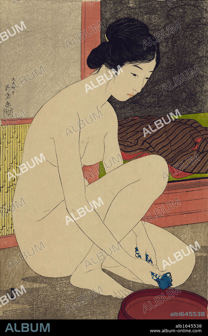 Woman after Bath, 1920. Hashiguchi Goyo (1880-1921) Japanese Ukiyo-e artist. Nude woman, half kneeling, squeezing blue and white cloth over bowl.