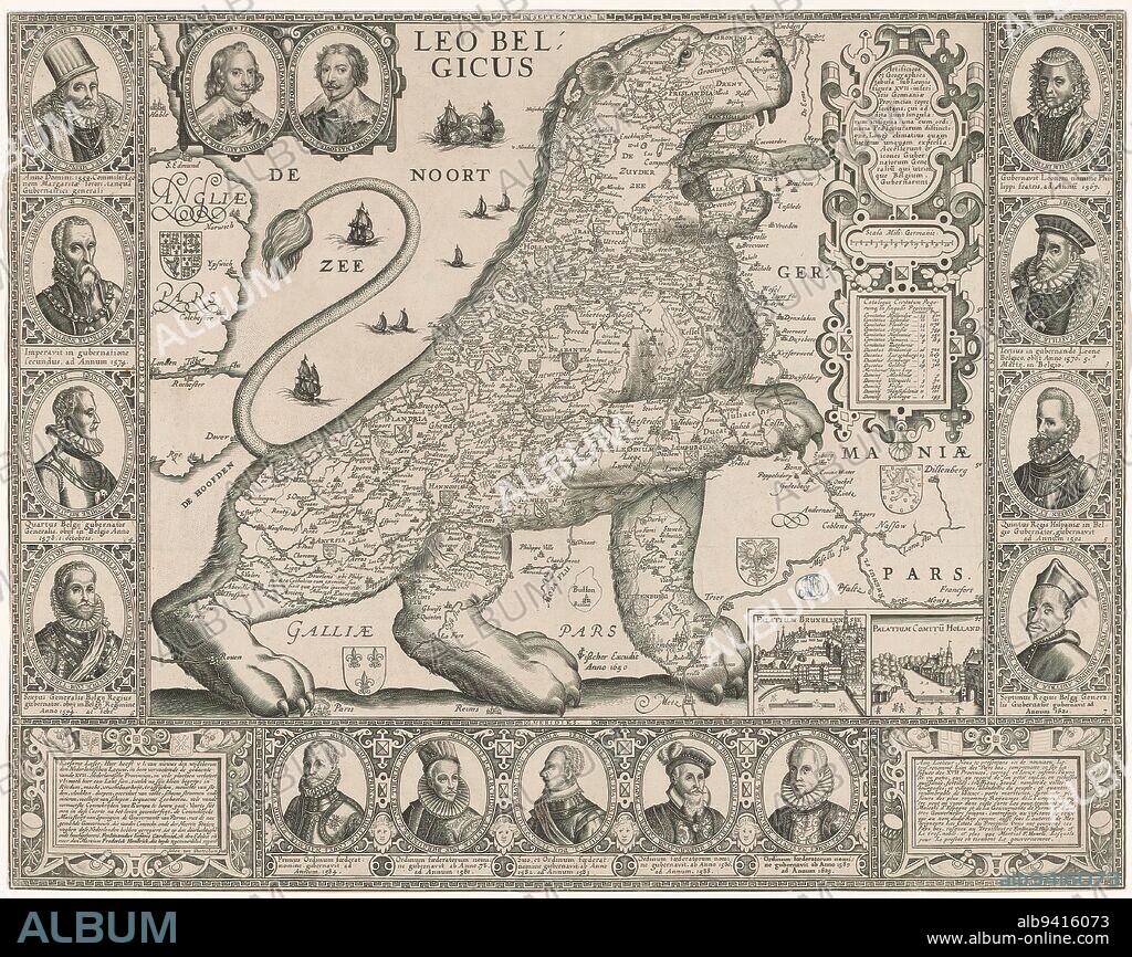 Map of the Seventeen Provinces in the form of the Dutch lion, Leo Belgicus (title on object), Top right a cartouche with a Latin text at the top, in the center a scale bar: Scala milli: Germanic:, and at the bottom an overview with topographical information about each province. Bottom right inserts with views of the palace in Brussels and the Binnenhof in The Hague. The map itself shows the arms of each province and surrounding countries. Top left portrait of Ferdinand of Austria, governor of the Southern Netherlands (1633-1641). Next to it portrait of Stadholder Frederick Henry of Orange. Grading along the edges. In the frame on both sides portraits of Philip II and seven governors from Margaret of Parma to Albrecht. Below, five portraits of William of Orange and the governors appointed by the States General from 1579. Bottom left framed Dutch text, bottom right French text., print maker: Joannes van Doetechum (II), (mentioned on object), publisher: Claes Jansz. Visscher (II), (mentioned on object), print maker: Rotterdam, publisher: Amsterdam, 1650, paper, engraving, etching, height 438 mm × width 555 mm.