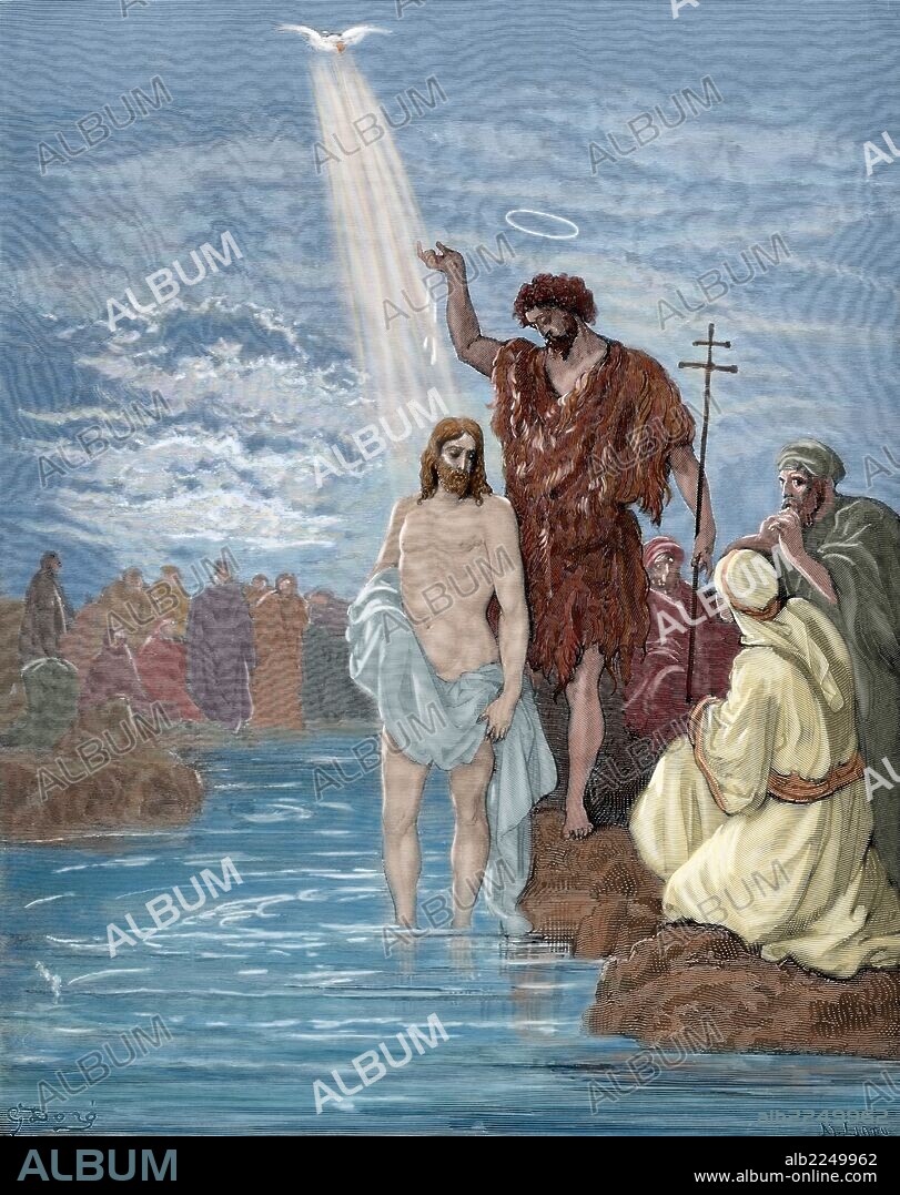 HISTORIA DEL NUEVO TESTAMENTO. JESUS DE NAZARET BAUTIZADO POR SAN JUAN BAUTISTA. Dibujo de Gustave Doré. Grabado de Ligny. Evangelio de San Mateo. Capítulo III. Versículos 13 al 17. Coloreado.