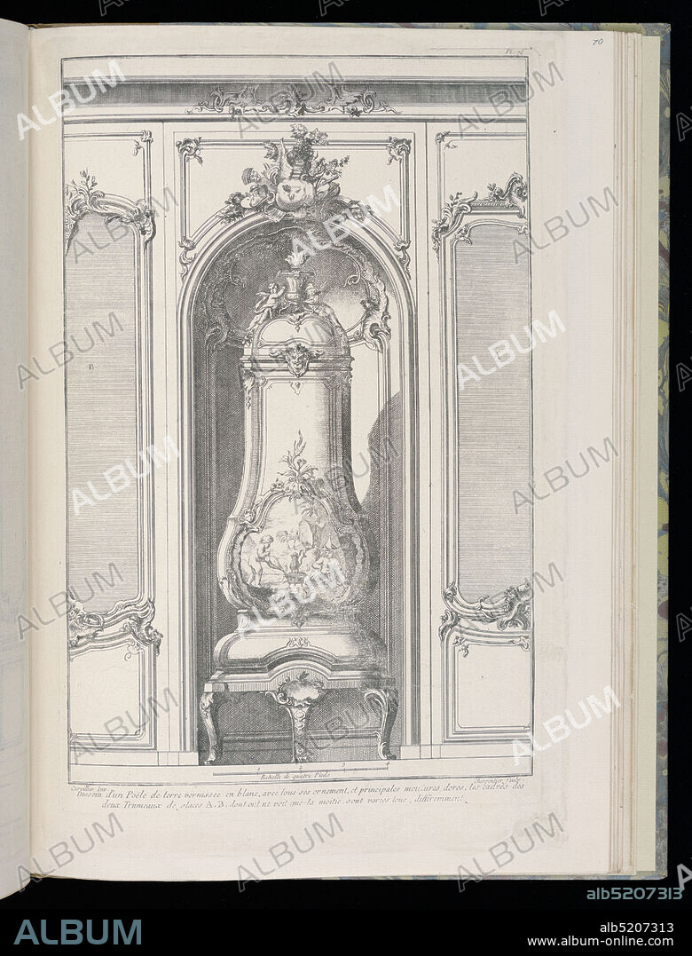 Wall Niche with Stove, François de Cuvilliés the Elder, Belgian, active Germany, 1695 - 1768, Charpentier, Paris, France, Engraving on paper, Design for interior wall in Rococo style. At center, a wall niche with a highly decorated ceramic stove. On the lower portion of the stove, a painted figural Chinoiserie scene; in an exotic landscape, a figure at left uses a bellows to blow air at a fire heating a kettle. Seated at left is another figure wearing a triangular hat and smoking a long pipe. Flanking the stove are decorative panels for mirrors (only half in view) with alternative designs. Scale at lower center., Paris, France, 18th century, albums (bound) & books, Bound print, Bound print.
