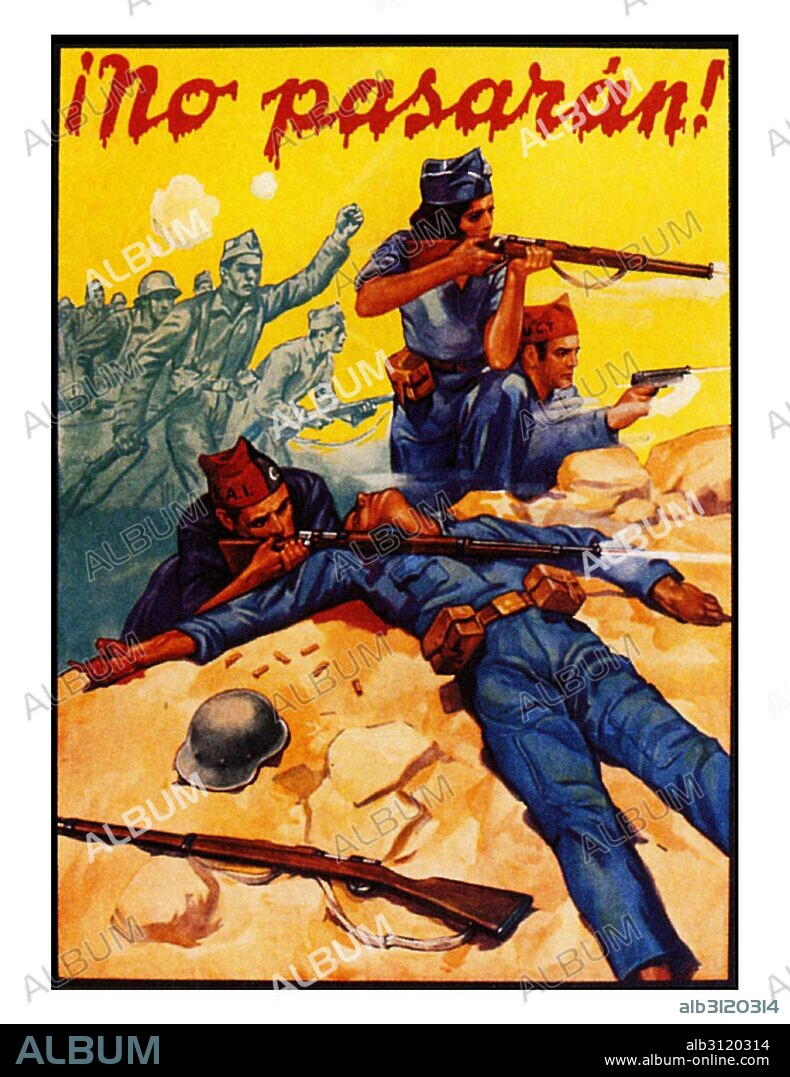 Republican propaganda poster: Spanish Civil War 1936. communist leader Dolores Ibarurri madea passionate speech urging resistance to the military coup. Her rallying cry of “No Pasaran!” (“They will not pass!”) became an international catchphrase as the rebellion in Madrid is put down.