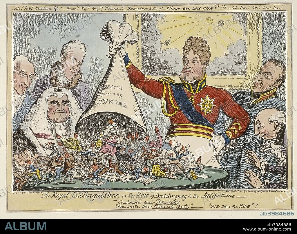 'The Royal Extinguisher, or the King of Brobdingnag & the Lilliputians', 1821. George IV, surrounded by admiring ministers, holds up an extinguisher made of paper, which he is about to place over a crowd of tiny Jacobites who surround Caroline of Brunswick and Alderman Wood.
