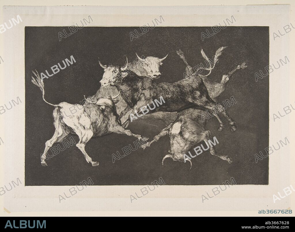 Plate D from the 'Disparates': Fools-'or Little Bulls' - folly. Artist: Goya (Francisco de Goya y Lucientes) (Spanish, Fuendetodos 1746-1828 Bordeaux). Dimensions: Plate: 9 5/8 × 13 3/4 in. (24.5 × 35 cm)
Sheet: 10 13/16 × 14 15/16 in. (27.5 × 38 cm). Series/Portfolio: One of the four additonal plates prepared for but not published in the set titled Los Disparates (Los Proverbios). Date: ca. 1816-23 (published before 1877).
One of the four additonal plates prepared for the set but not included in the posthumous first edition published by the Academia de San Fernando in Madrid in 1864 under the title 'Los Proverbios',One of the four additonal plates prepared for the set but not included in the posthumous first edition published by the Academia de San Fernando in Madrid in 1864 under the title 'Los Proverbios',.