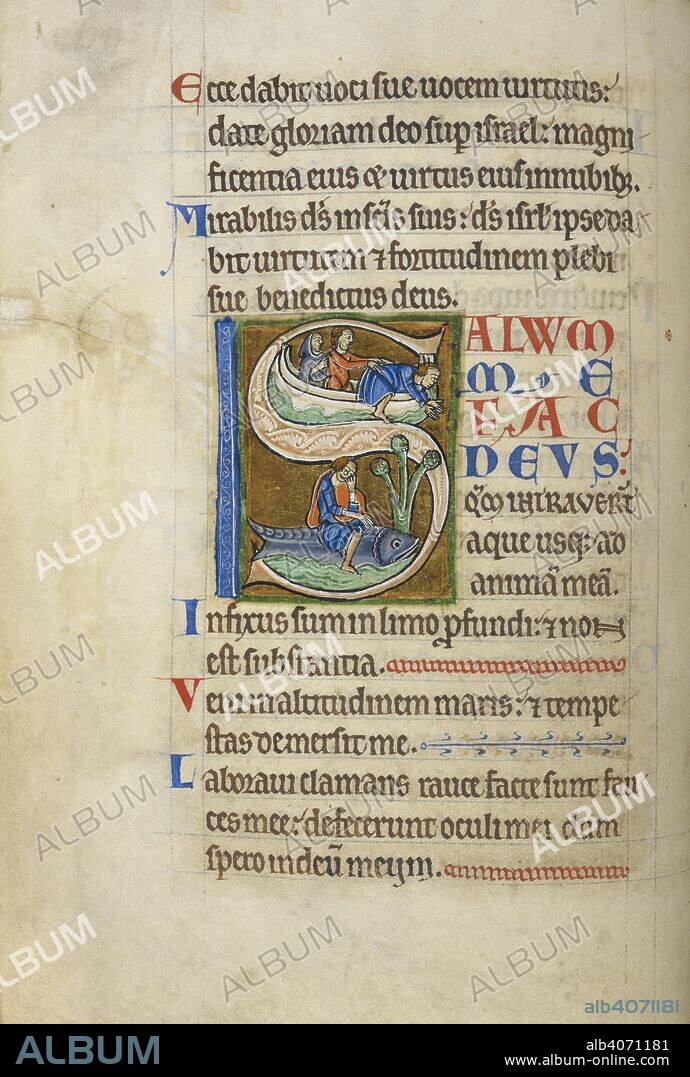 Historiated initial 'S'(alvum) of Jonah falling from his boat, and Jonah on the back of the whale, at the beginning of Psalm 68. Psalter, with litany, prayers and Easter tables (The 'Westminster Psalter'). England, S. (Westminster or St Albans); c. 1200. Source: Royal 2 A. XXII, f. 80v. Language: Latin.