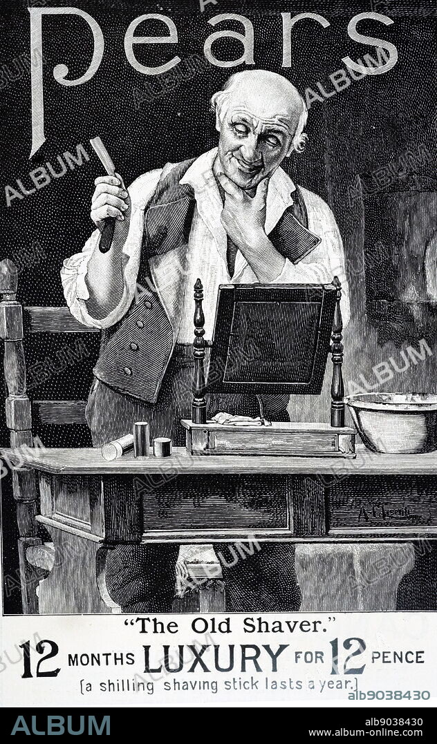 An advertisement for Pears shaving soap, showing a barber using a cut-throat razor. Dated 19th century.