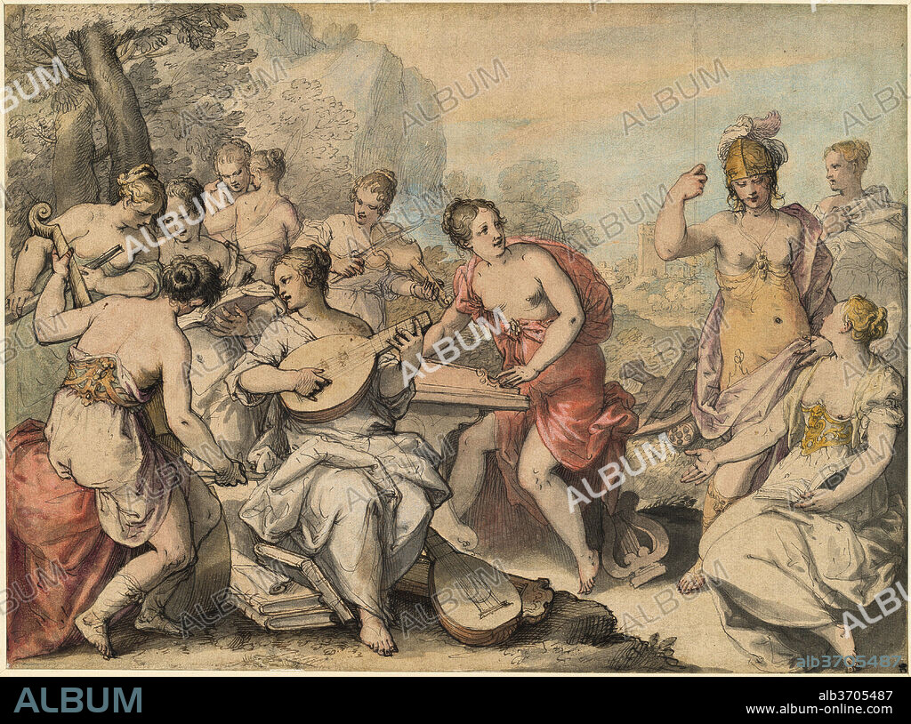 HANS ROTTENHAMMER. Minerva and the Muses. Dated: c. 1610. Dimensions: sheet: 28.3 x 38.3 cm (11 1/8 x 15 1/16 in.). Medium: watercolor over pen and brown and gray ink on laid paper.