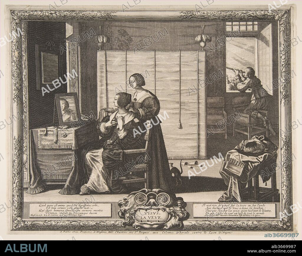 Sight. Artist: Abraham Bosse (French, Tours 1602/1604-1676 Paris). Dimensions: Sheet: 10 1/2 × 13 5/16 in. (26.7 × 33.8 cm). Publisher: Melchior Tavernier and François Langlois, Paris. Series/Portfolio: The Five Senses
(Les Cinq Sens). Date: 1635-38.
