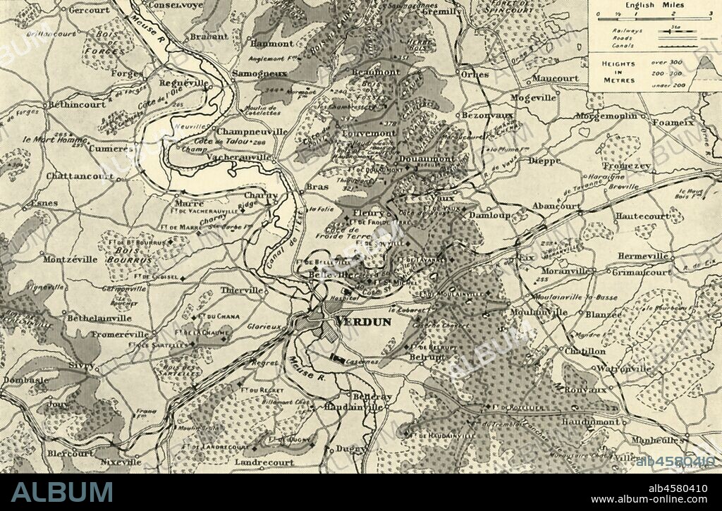 'Large Scale Map of First Phase of the Struggle for Verdun', 1916. The Battle of Verdun was fought from 21 February to 18 December 1916 on the Western Front. From "The War Illustrated Album De Luxe - Volume VI. The Spring and Summer Campaign of 1916", edited by J. A. Hammerton. [The Amalgamated Press, Limited, London, 1916].