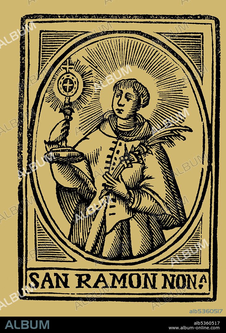 San Ramón Nonato (1204-1240), religioso mercedario. Grabado popular del siglo XIX.