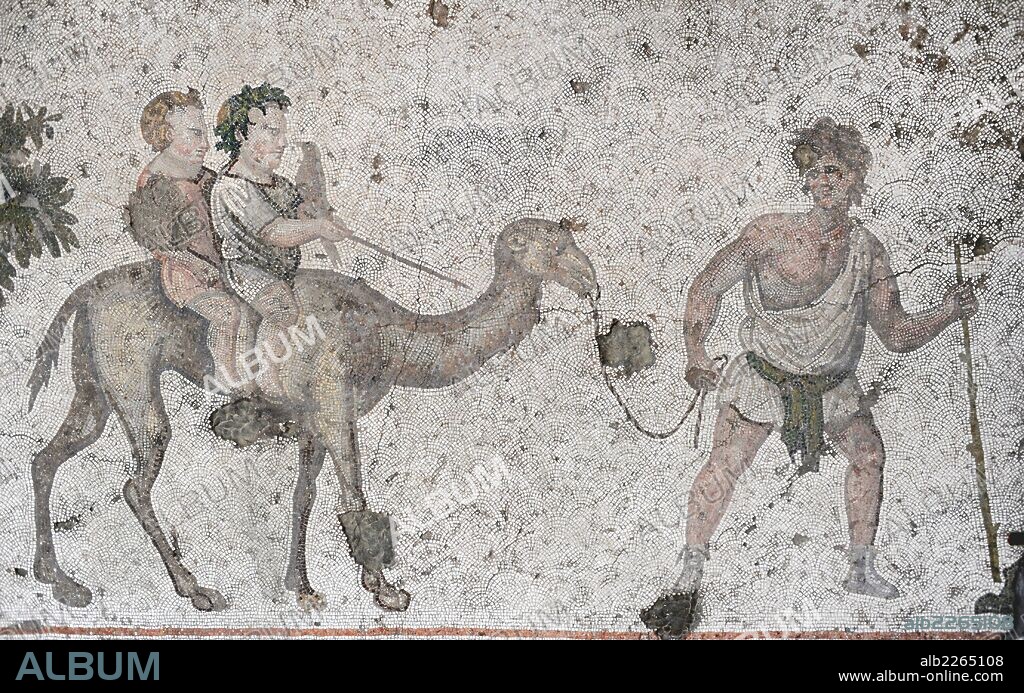 Great Palace Mosaic Museum. 4th-6th centuries. Two children riding on a camel. Istanbul. Turkey.