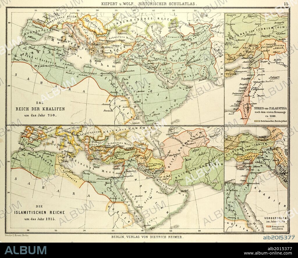 MAP OF THE UMAYYAD CALIPHATE EMPIRE IN 750 AND THE ISLAMIC EMPIRE IN 1215.