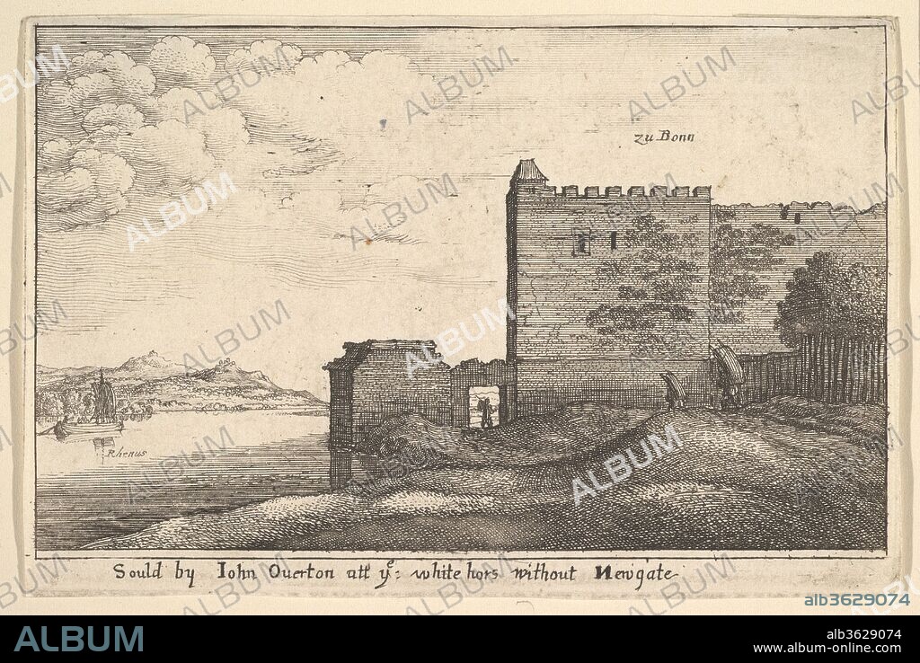 zu Bonn. Artist: Wenceslaus Hollar (Bohemian, Prague 1607-1677 London). Dimensions: Sheet: 3 5/16 × 5 1/16 in. (8.4 × 12.9 cm). Publisher: John Overton (British, London 1640-1713 London). Series/Portfolio: European Views
six plates. Date: ca. 1635.
Two men carrying heavy loads on their shoulders seen from behind at right, walking towards battlemented city wall; square-sail barge in the Rhine at left.