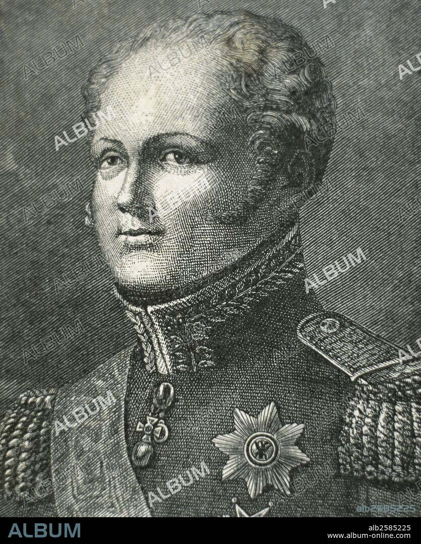 ALEJANDRO I DE RUSIA (San Petersburgo, 1777-Taganrog,1825). Zar de Rusia (1801-1825), hijo de Pablo I. Coligado contra Francia (1805), fue derrotado. Reconciliado con Napoleón (1808) ocupó Finlandia y, vuelto de nuevo contra él, organizó la coalición (1813) que le derrotó. En 1815 fundó la Santa Alianza con Austria y Prusia. Grabado.