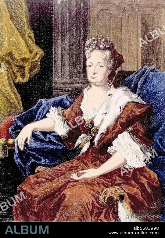 ANONYM. Sophie, Kurfürstin (Ernst August) von Hannover, Tochter Kurfürst Friedrichs V. von der Pfalz und der Elisabeth Stuart; Den Haag 14.10.1630 - Herrenhausen 19.6.1714. / - "Sophia, Chur-Fürstin von Braunschweig, Lüneburg, Erb-Princessin von England." - / Kupferstich, unbez. u. undat., nach 1701. spätere Kolorierung.