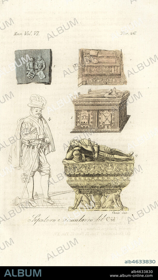 Tomb and effigy of El Cid Rodrigo Diaz and his wife Jimena Diaz 1, Duke of Cardona 2, King of Aragon 3, and portrait of Conquistador Hernan Cortes 4. Sepolcro e simulacro del Cid. Hand-tinted copperplate engraving by Corsi after Giulio Ferrario in his Costumes Ancient and Modern of the Peoples of the World, Il Costume Antico e Modern o Story, Florence, 1829.