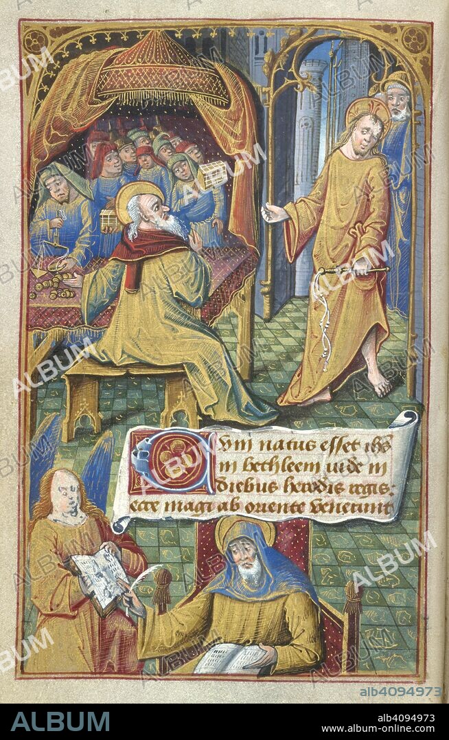 St Matthew. Book of Hours. France [Macon?]; end of 15th century. [Whole folio] Gospel Readings. Matthew with the tax gatherers, sees Christ holding a scourge. Below, St Matthew writing his gospels. Scroll with text, Matthew 2, 1  Image taken from Book of Hours.  Originally published/produced in France [Macon?]; end of 15th century. . Source: Add. 20694, f.15v. Language: Latin.