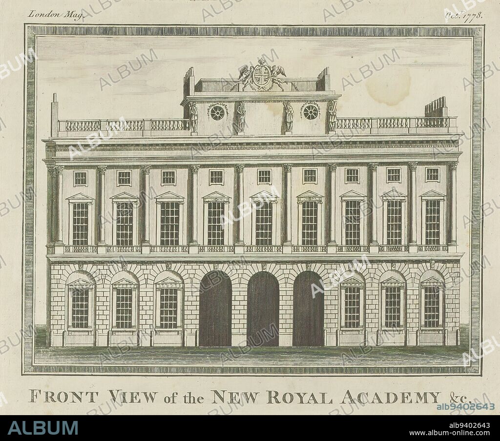 View of the Italian Opera House, at London, Front view of the New Royal Academy &c (title on object), print maker: anonymous, publisher: Robert Baldwin (I), London, 1778, paper, etching, engraving, height 197 mm, width 233 mm.