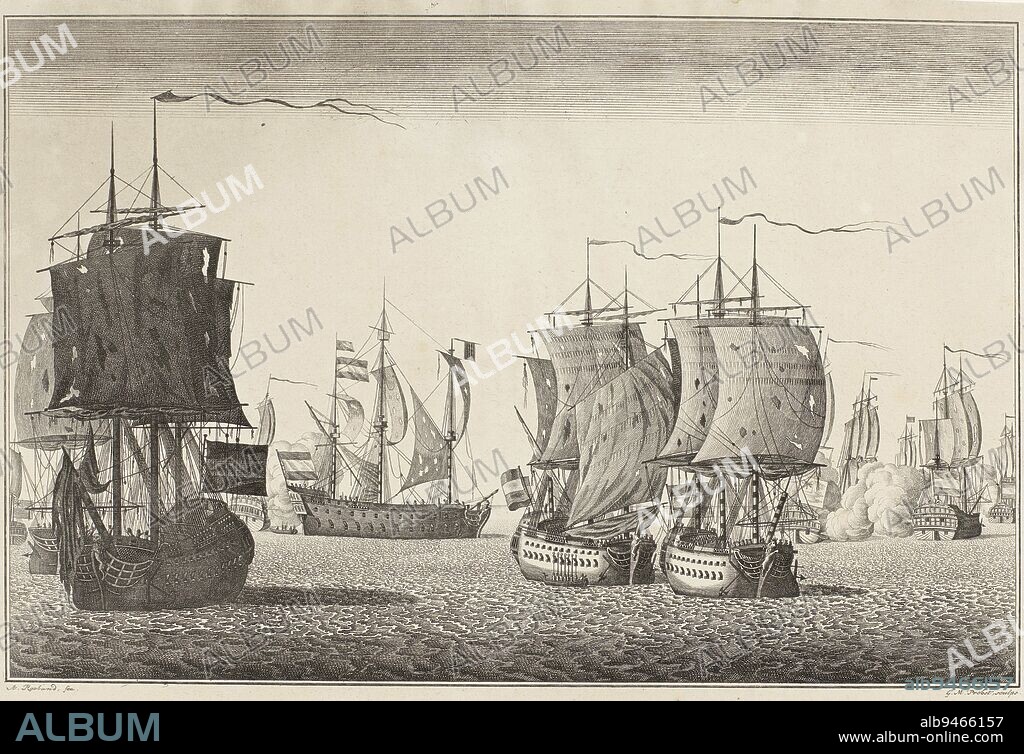 The Dutch and English ships after the naval battle at Doggersbank on August 5, 1781 between the Dutch fleet under Rear Admiral Johan Zoutman and the English fleet under Vice Admiral Hyde Parker. In the margin the title in (lame) Dutch. Part of a series of four German plates of naval battles in the year 1781, End of the Battle of Doggersbank, 1781 The Dutch and English Flotilla after the Battle of Doggersbank Four German plates of naval battles in 1781 , print maker: Georg Mathäus Probst, (mentioned on object), A. Rooland, (mentioned on object), Mathias de Sallieth, Augsburg, 1782 - 1788, paper, etching, engraving, h 327 mm × w 430 mm.