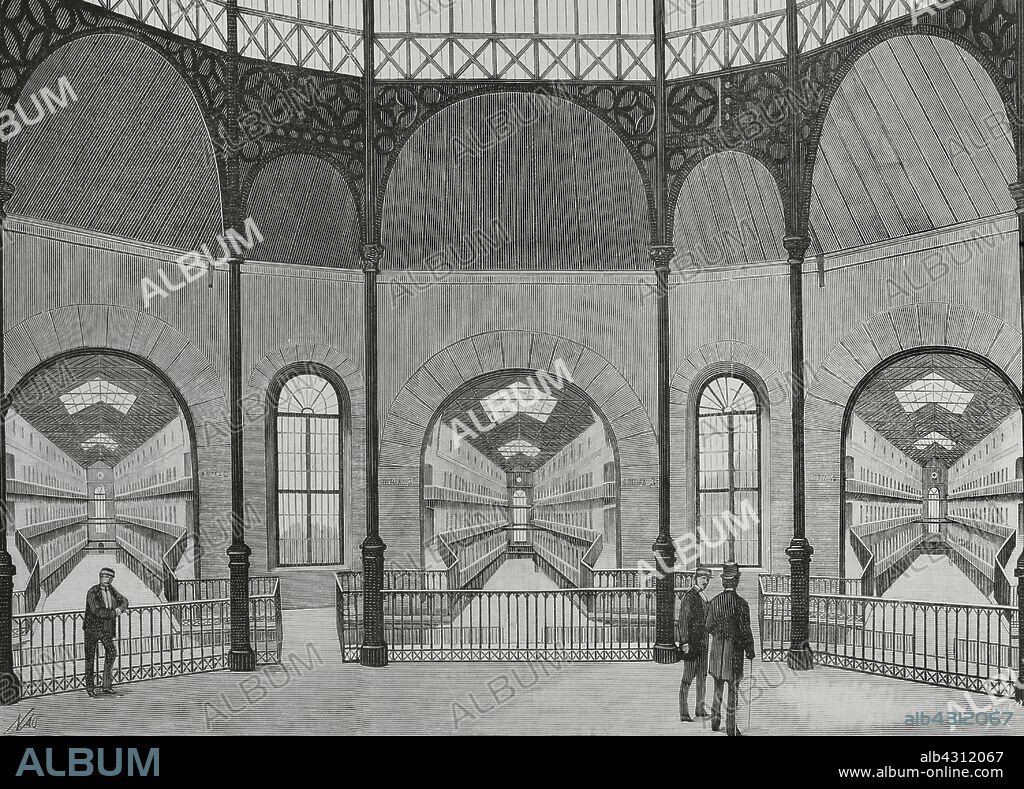 España. Madrid. La Cárcel Modelo, conocida en la época como Cárcel Celular, prisión para hombres. Perspectiva de la segunda, tercera y cuarta galerías de celdas. Dibujo por Manuel Nao. Grabado por Bernardo Rico (1825-1894). La Ilustración Española y Americana, 30 de diciembre de 1883.