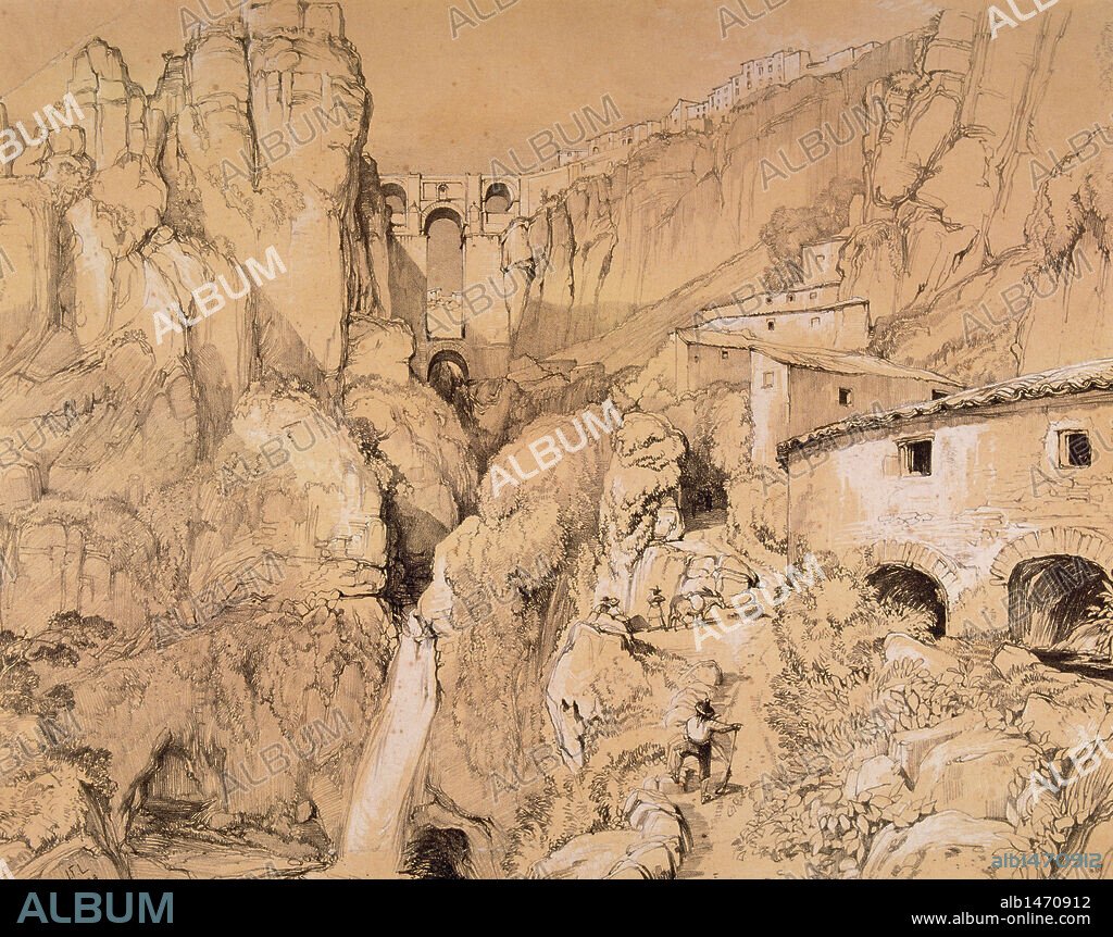 RONDA (Provincia de Málaga). Año 1834. "EL TAJO DE RONDA". ANDALUCIA. ESPAÑA. Dibujo y litografía de John Frederick LEWIS. Londres, 1834.