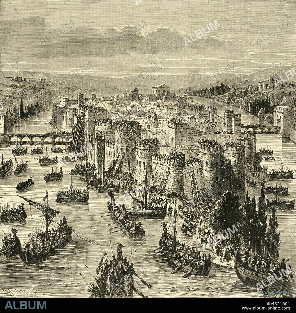 'Siege of Paris by the Norsemen', (845) 1890. Vikings led by Ragnar Lodbrok, defeated Frankish king Charles the Bald and sailed up the Seine to sack and occupied Paris during Easter of 845.  From "Cassell's Illustrated Universal History, Vol. III - The Middle Ages", by Edmund Ollier. [Cassell and Company, Limited, London, Paris and Melbourne, 1890. ].