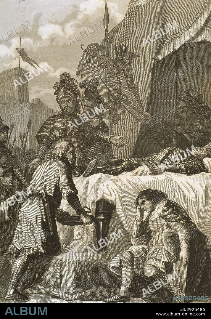 EL CID, Rodrigo Díaz de Vivar, llamado. (h.1043-Valencia 1099). Noble castellano. Consiguió para Castilla la posesión de los castillos de la región de los Montes de Oca. Intervino en las batallas de Llantada y Golpejera contra Alfonso VI, y en el Sitio de Zamora. "MUERTE DEL CID CAMPEADOR". Grabado del siglo XIX.