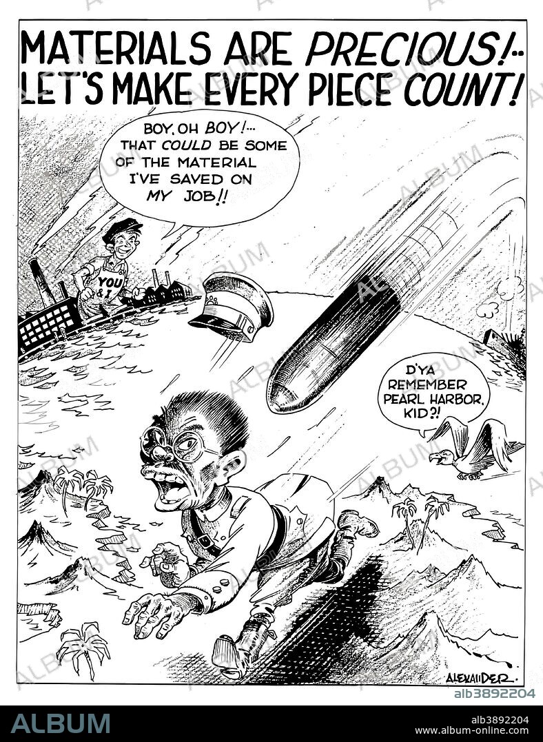 Digitally restored war propaganda poster. This vintage World War II cartoon poster features a factory, a factory worker, and a Japanese soldier running from a artillery shell. It declares - Materials Are Precious! Let's Make Every Piece Count! The factory worker is saying, Boy oh boy, That could be some of the material I've saved on my job! A bird is asking the soldier, D'ya remember Pearl Harbor kid?.
